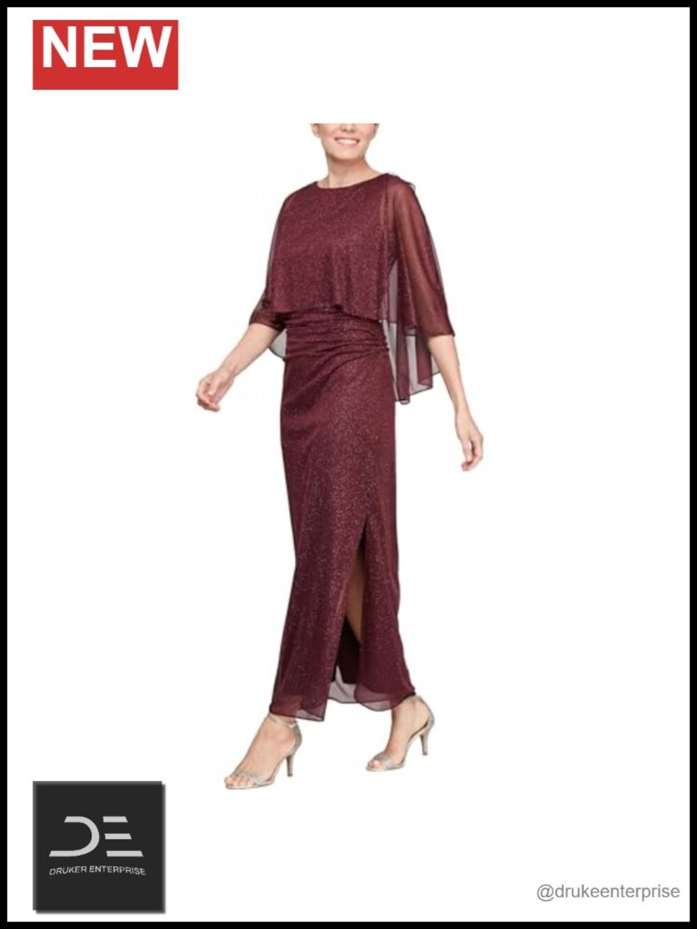 SL Fashions Long Glitter Mesh Capelet Gown Side Slit Formal Dress